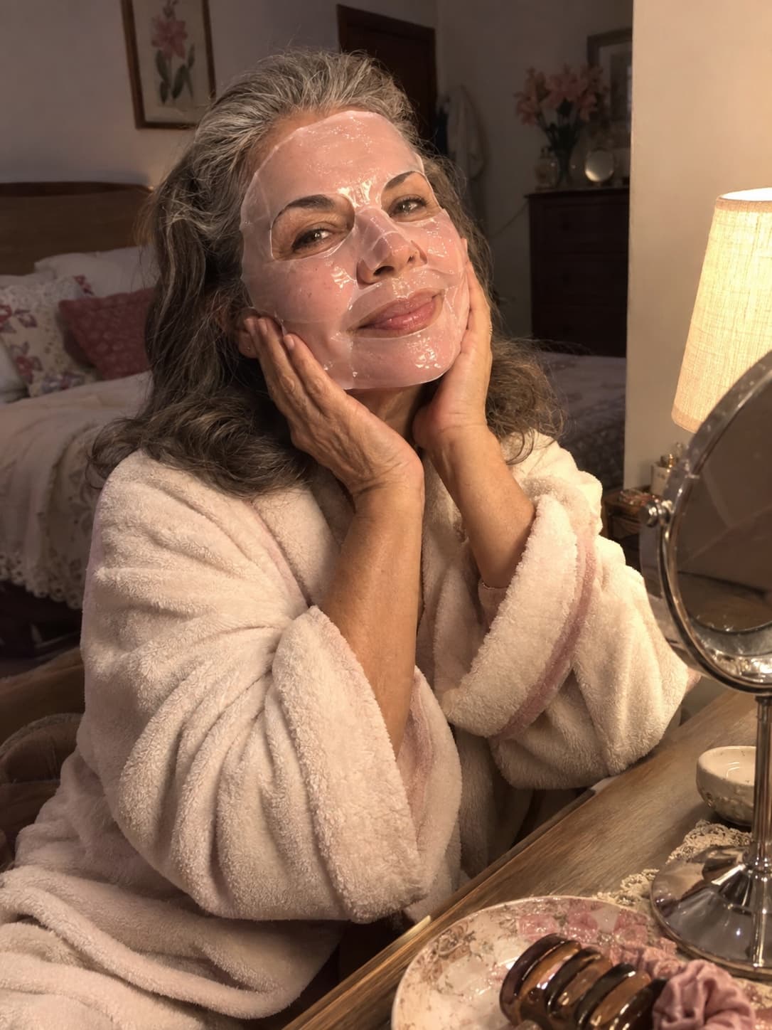 Mujer mayor disfrutando una mascarilla de gel en casa