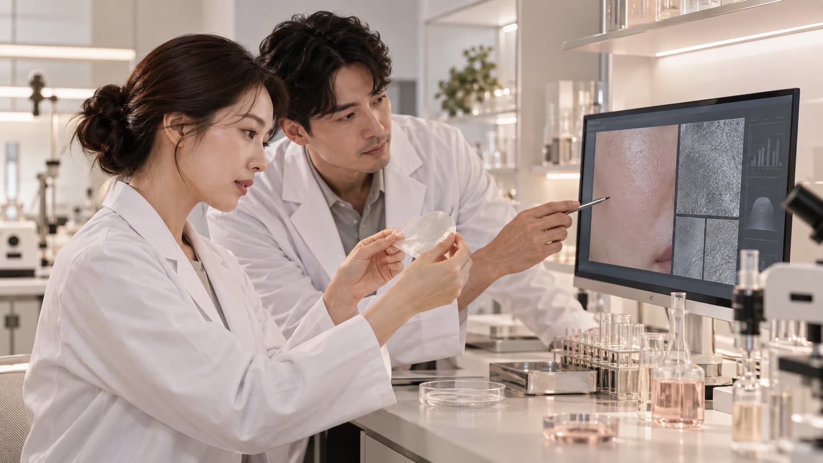 Especialistas en formulación cosmética analizando una muestra de hidrogel y mediciones de piel