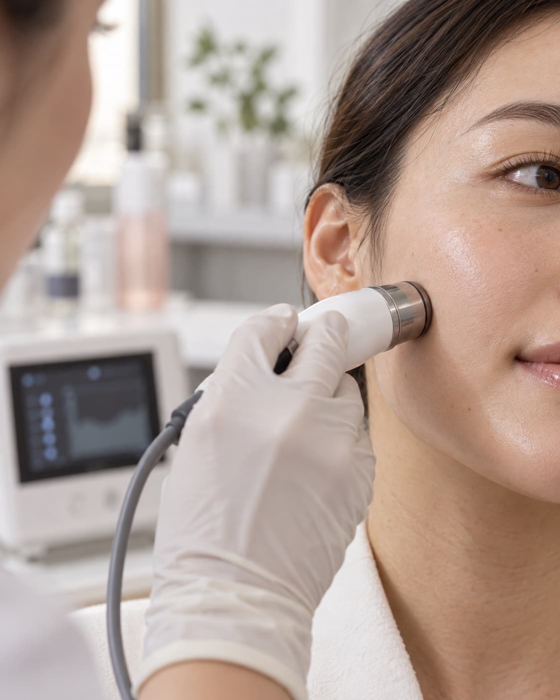 Medición cosmética no invasiva realizada con una sonda sobre la piel del rostro